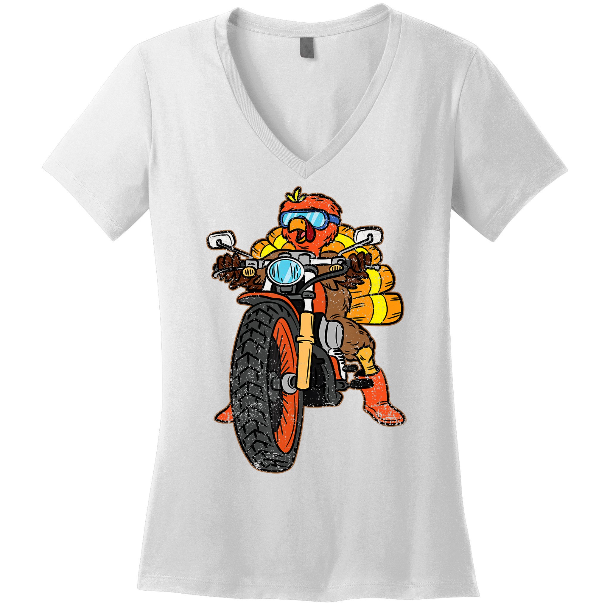 Turkey Riding Motorcycle Thanksgiving Day Cool Biker Rider Women's V-Neck T-Shirt