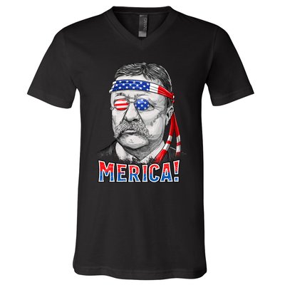 Theodore Roosevelt Merica 4th July Usa Us President V-Neck T-Shirt