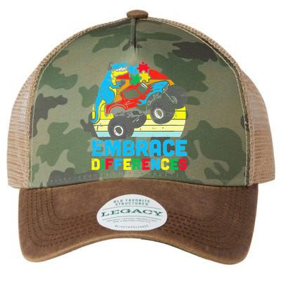 T rex Monster Truck Embrace Differences Autism Awareness Legacy Tie Dye Trucker Hat