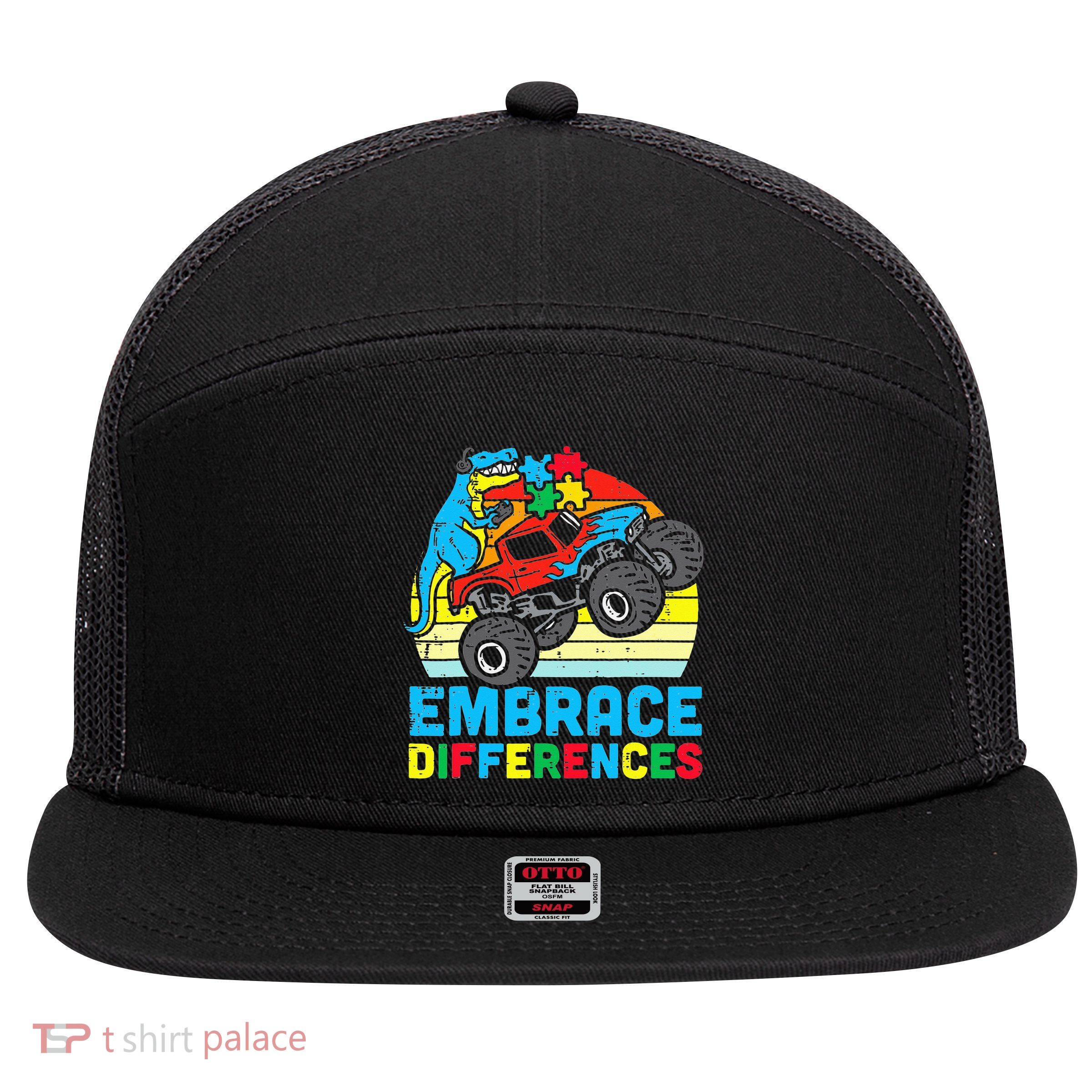 T rex Monster Truck Embrace Differences Autism Awareness 7 Panel Mesh Trucker Snapback Hat