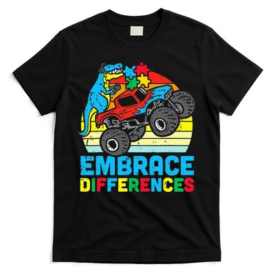 T rex Monster Truck Embrace Differences Autism Awareness T-Shirt