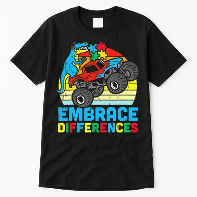 T rex Monster Truck Embrace Differences Autism Awareness Tall T-Shirt