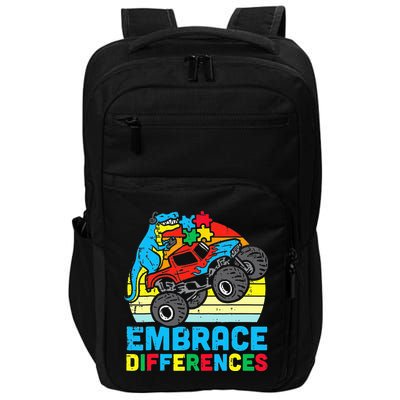 T rex Monster Truck Embrace Differences Autism Awareness Impact Tech Backpack