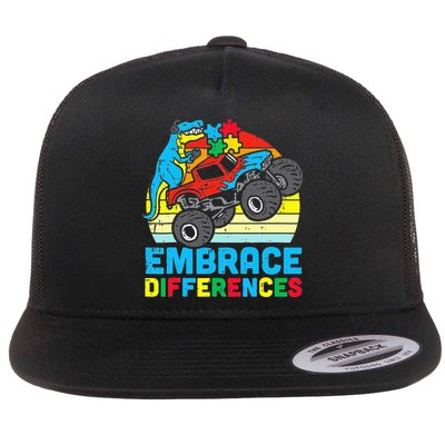 T rex Monster Truck Embrace Differences Autism Awareness Flatbill Hat