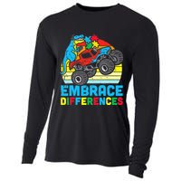 T rex Monster Truck Embrace Differences Autism Awareness Cooling Performance Long Sleeve Crew