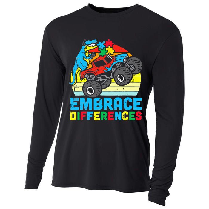 T rex Monster Truck Embrace Differences Autism Awareness Cooling Performance Long Sleeve Crew