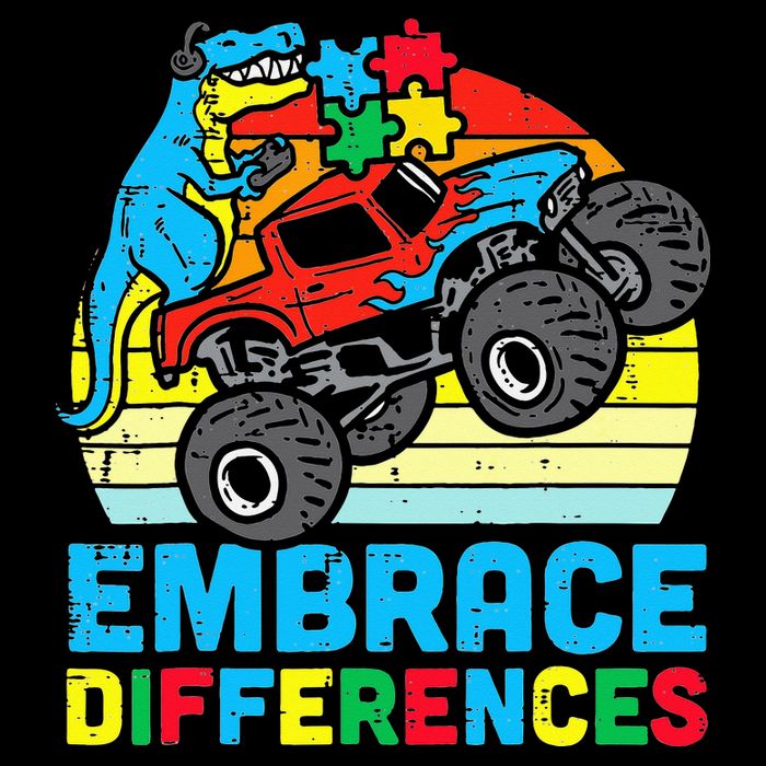 T rex Monster Truck Embrace Differences Autism Awareness Cooling Performance Long Sleeve Crew