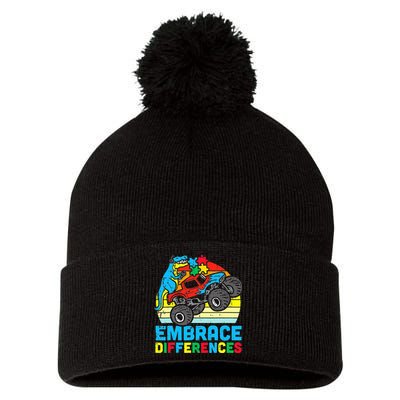 T rex Monster Truck Embrace Differences Autism Awareness Pom Pom 12in Knit Beanie