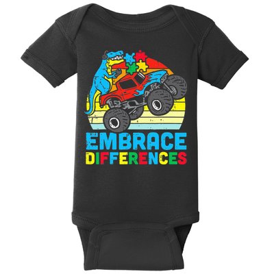 T rex Monster Truck Embrace Differences Autism Awareness Baby Bodysuit