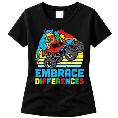 T rex Monster Truck Embrace Differences Autism Awareness Womens T-Shirt