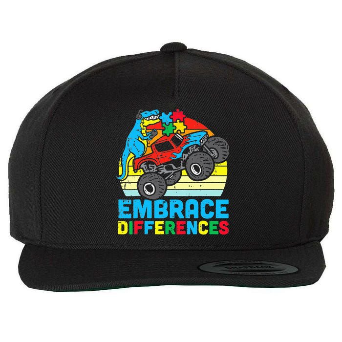 T rex Monster Truck Embrace Differences Autism Awareness Wool Snapback Cap