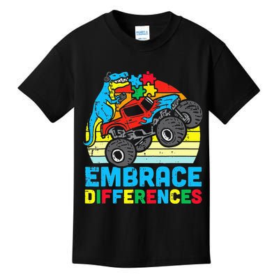 T rex Monster Truck Embrace Differences Autism Awareness Kids T-Shirt