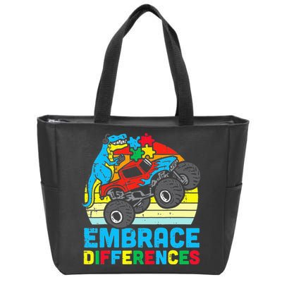 T rex Monster Truck Embrace Differences Autism Awareness Zip Tote Bag