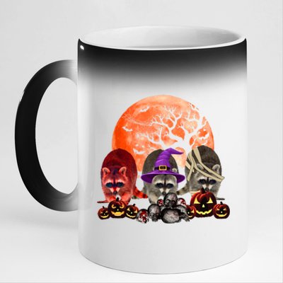 Three Raccoon Mummy Witch Pumpkin Pet Lover Halloween Gift 11oz Black Color Changing Mug