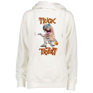 T Rex Mummy Pumpkin Trick Or Treat Funny Halloween Dinosaur Gift Womens Funnel Neck Pullover Hood