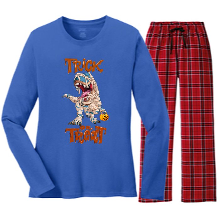 T Rex Mummy Pumpkin Trick Or Treat Funny Halloween Dinosaur Gift Women's Long Sleeve Flannel Pajama Set 