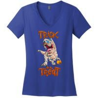 T Rex Mummy Pumpkin Trick Or Treat Funny Halloween Dinosaur Gift Women's V-Neck T-Shirt