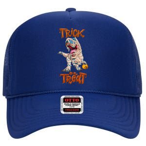 T Rex Mummy Pumpkin Trick Or Treat Funny Halloween Dinosaur Gift High Crown Mesh Back Trucker Hat