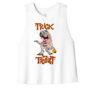 T Rex Mummy Pumpkin Trick Or Treat Funny Halloween Dinosaur Gift Women's Racerback Cropped Tank