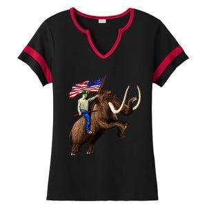 Trump Riding Mammoth Holding A Gun With Usa Flag Funny Gift Ladies Halftime Notch Neck Tee