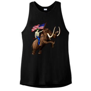 Trump Riding Mammoth Holding A Gun With Usa Flag Funny Gift Ladies PosiCharge Tri-Blend Wicking Tank