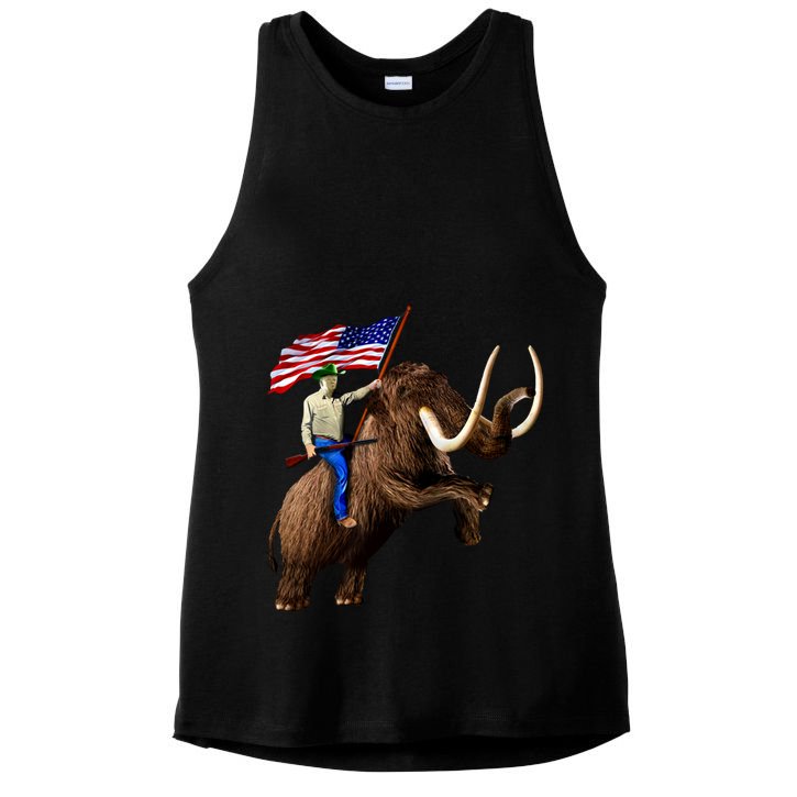 Trump Riding Mammoth Holding A Gun With Usa Flag Funny Gift Ladies PosiCharge Tri-Blend Wicking Tank