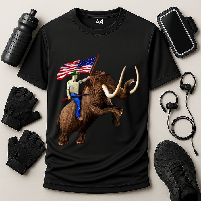 Trump Riding Mammoth Holding A Gun With Usa Flag Funny Gift Cooling Performance Crew T-Shirt