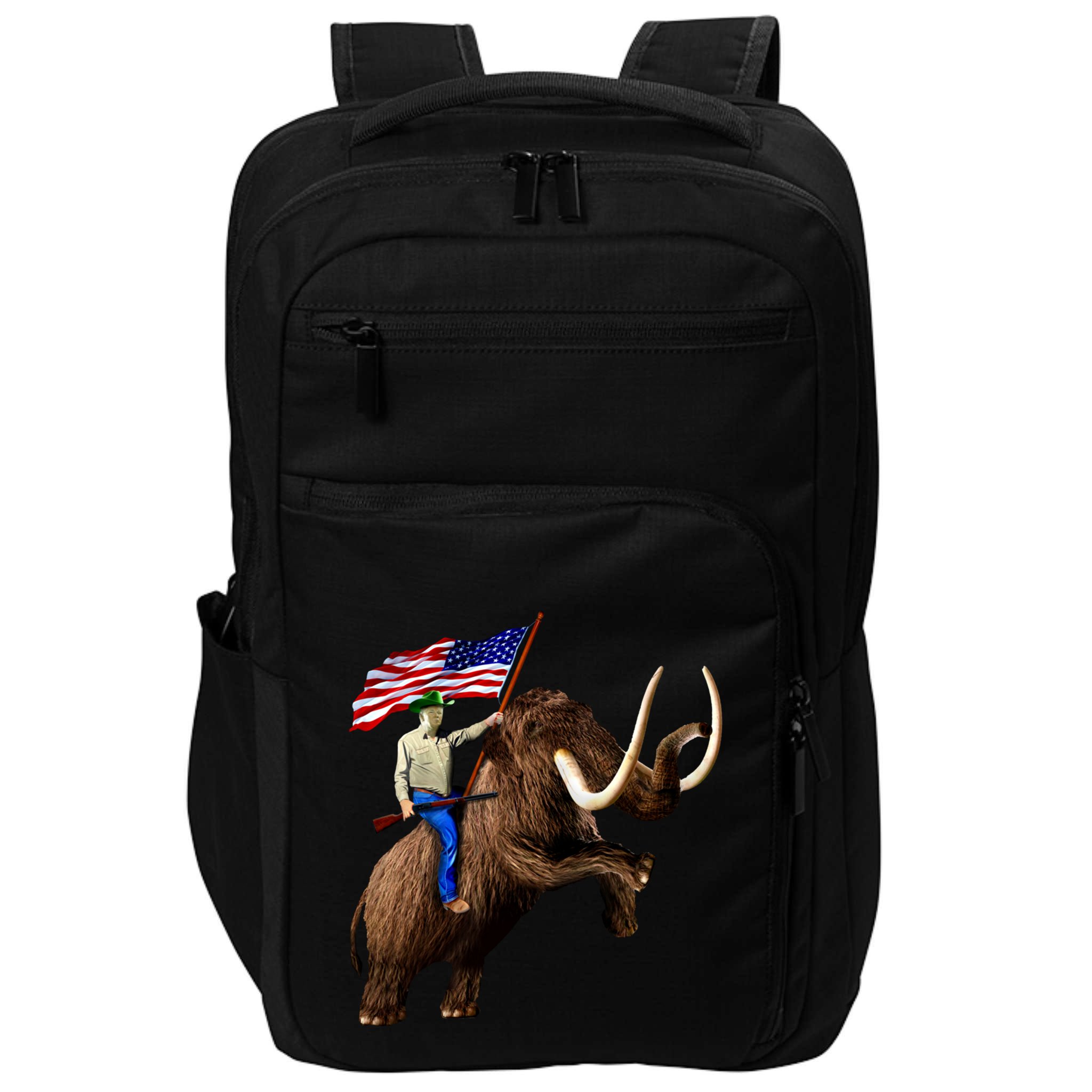 Trump Riding Mammoth Holding A Gun With Usa Flag Funny Gift Impact Tech Backpack