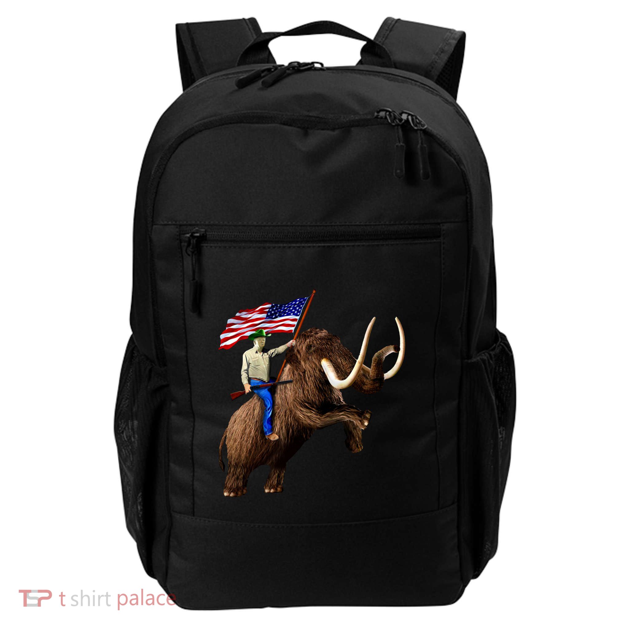 Trump Riding Mammoth Holding A Gun With Usa Flag Funny Gift Backpack