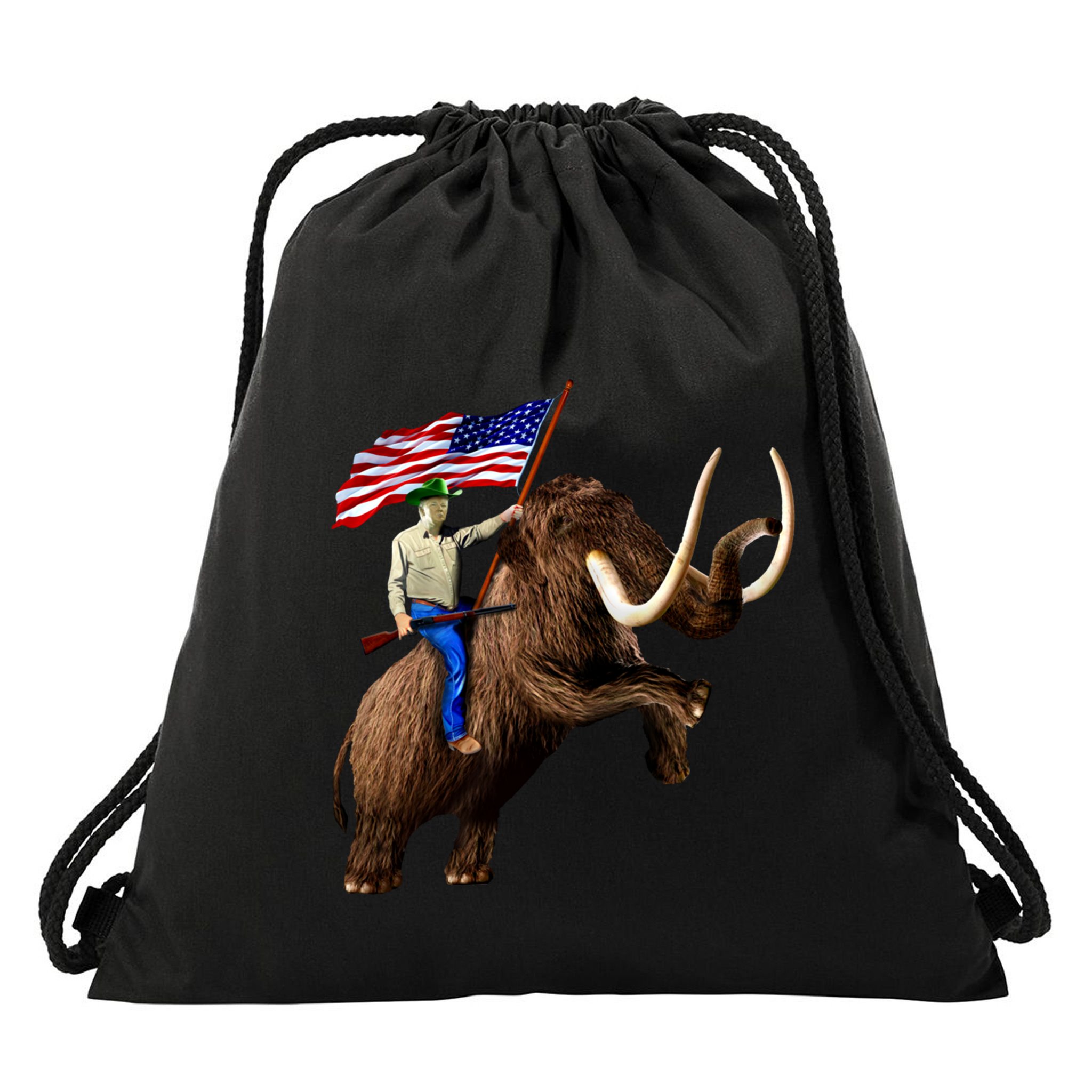 Trump Riding Mammoth Holding A Gun With Usa Flag Funny Gift Drawstring Bag