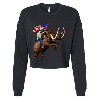 Trump Riding Mammoth Holding A Gun With Usa Flag Funny Gift Cropped Pullover Crew