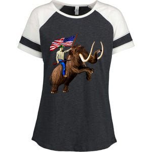 Trump Riding Mammoth Holding A Gun With Usa Flag Funny Gift Enza Ladies Jersey Colorblock Tee