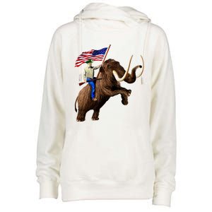 Trump Riding Mammoth Holding A Gun With Usa Flag Funny Gift Womens Funnel Neck Pullover Hood