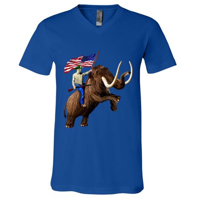 Trump Riding Mammoth Holding A Gun With Usa Flag Funny Gift V-Neck T-Shirt