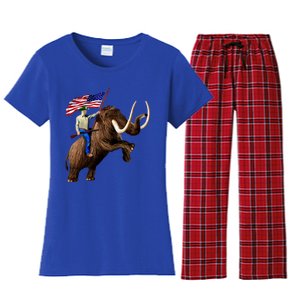 Trump Riding Mammoth Holding A Gun With Usa Flag Funny Gift Women's Flannel Pajama Set