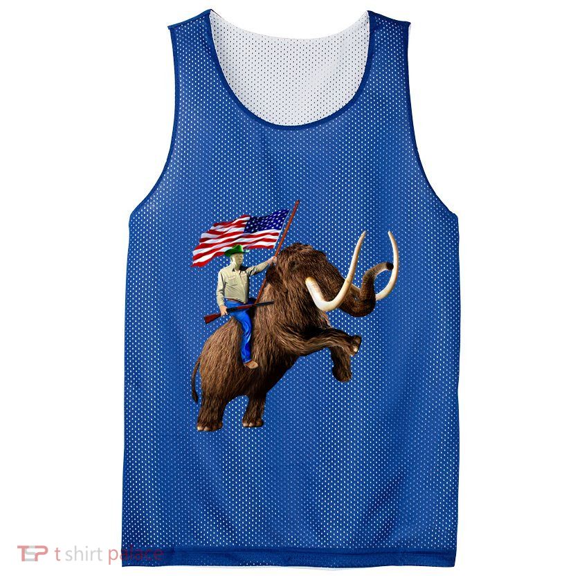 Trump Riding Mammoth Holding A Gun With Usa Flag Funny Gift Mesh Reversible Basketball Jersey Tank