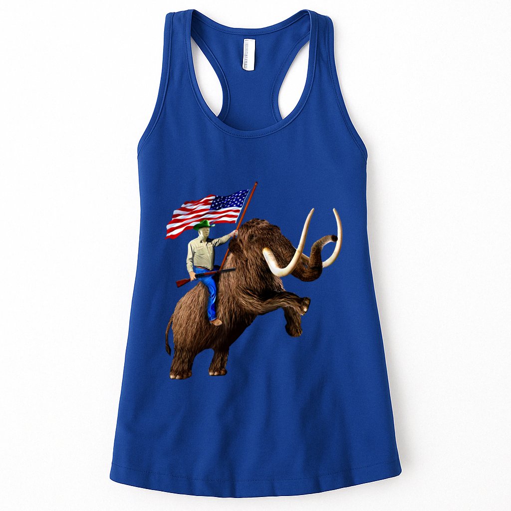 Trump Riding Mammoth Holding A Gun With Usa Flag Funny Gift Womens Tank Top