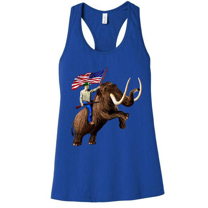 Trump Riding Mammoth Holding A Gun With Usa Flag Funny Gift Women's Racerback Tank