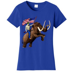 Trump Riding Mammoth Holding A Gun With Usa Flag Funny Gift Women's T-Shirt