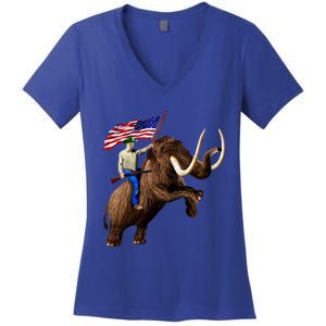 Trump Riding Mammoth Holding A Gun With Usa Flag Funny Gift Women's V-Neck T-Shirt