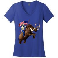 Trump Riding Mammoth Holding A Gun With Usa Flag Funny Gift Women's V-Neck T-Shirt