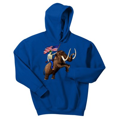 Trump Riding Mammoth Holding A Gun With Usa Flag Funny Gift Kids Hoodie