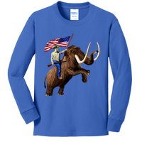 Trump Riding Mammoth Holding A Gun With Usa Flag Funny Gift Kids Long Sleeve Shirt