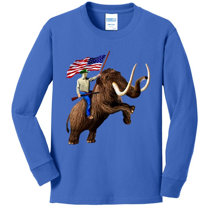 Trump Riding Mammoth Holding A Gun With Usa Flag Funny Gift Kids Long Sleeve Shirt