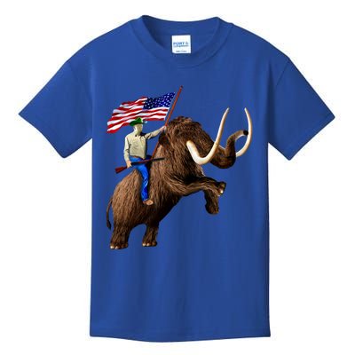 Trump Riding Mammoth Holding A Gun With Usa Flag Funny Gift Kids T-Shirt