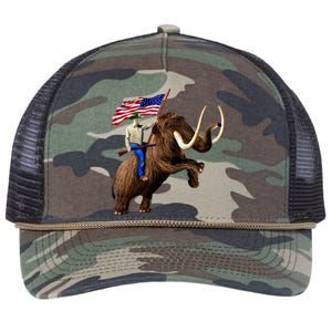 Trump Riding Mammoth Holding A Gun With Usa Flag Funny Gift Retro Rope Trucker Hat Cap