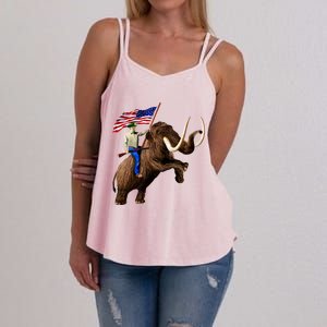 Trump Riding Mammoth Holding A Gun With Usa Flag Funny Gift Women's Strappy Tank