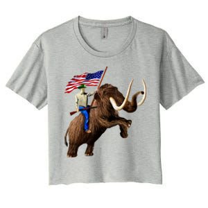 Trump Riding Mammoth Holding A Gun With Usa Flag Funny Gift Women's Crop Top Tee