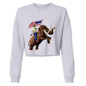 Trump Riding Mammoth Holding A Gun With Usa Flag Funny Gift Cropped Pullover Crew