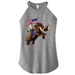 Trump Riding Mammoth Holding A Gun With Usa Flag Funny Gift Women's Perfect Tri Rocker Tank